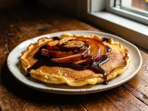 Gouden Dutch pancake met gekarameliseerde appelschijfjes, kaneelpoeder en donkere stroop op een rustiek keramisch bord.