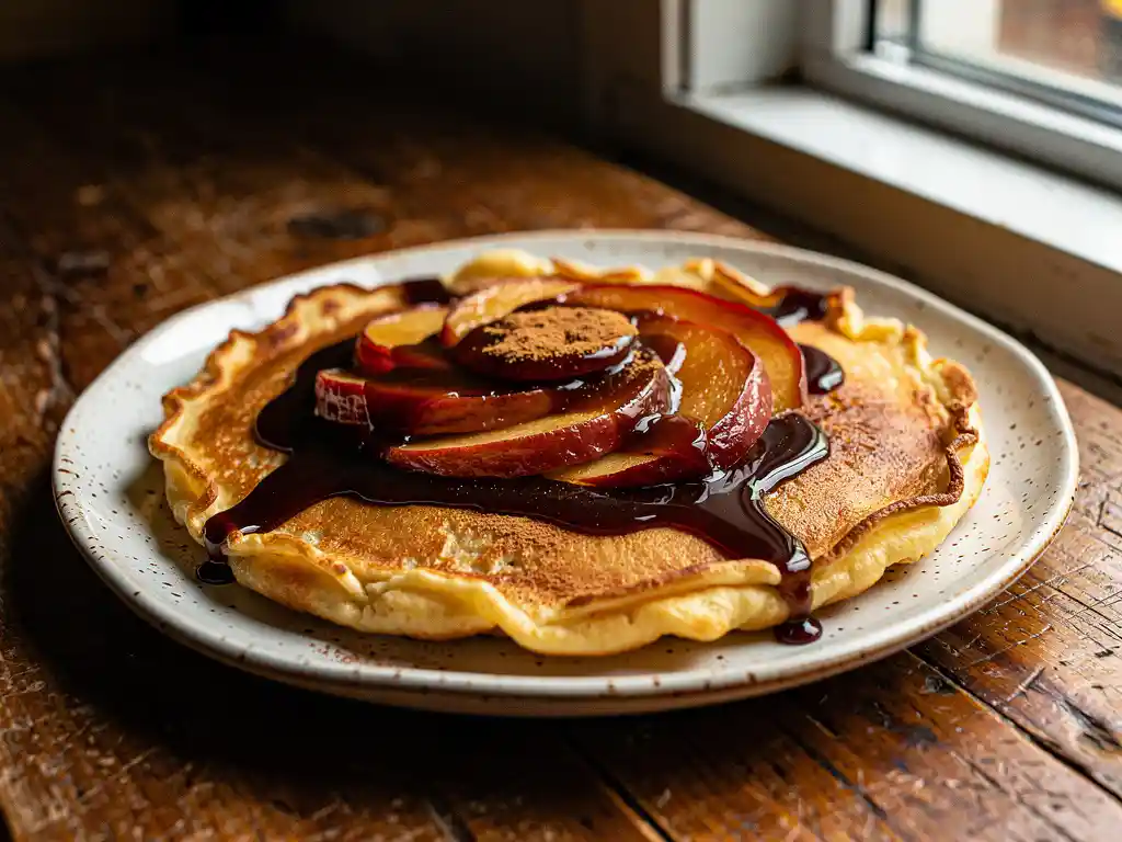 Gouden Dutch pancake met gekarameliseerde appelschijfjes, kaneelpoeder en donkere stroop op een rustiek keramisch bord.