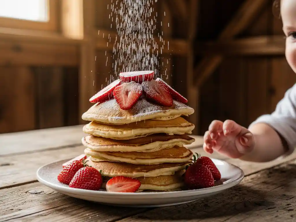 Stapel gouden Dutch pancakes met aardbeien en poedersuiker, terwijl een kinderhand reikt naar het bord op een rustieke houten tafel.
