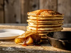 Stapel gouden Dutch pancakes met gekarameliseerde appel-kaneelvulling op rustieke houten tafel, gefotografeerd in warm goudkleurig licht.