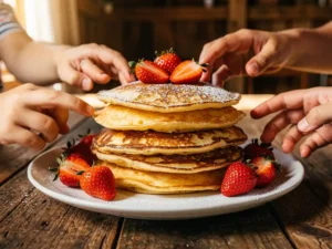Stapel gouden Dutch pancakes met poedersuiker en aardbeien op rustieke houten tafel, handen reiken ernaar in gezinssfeer.