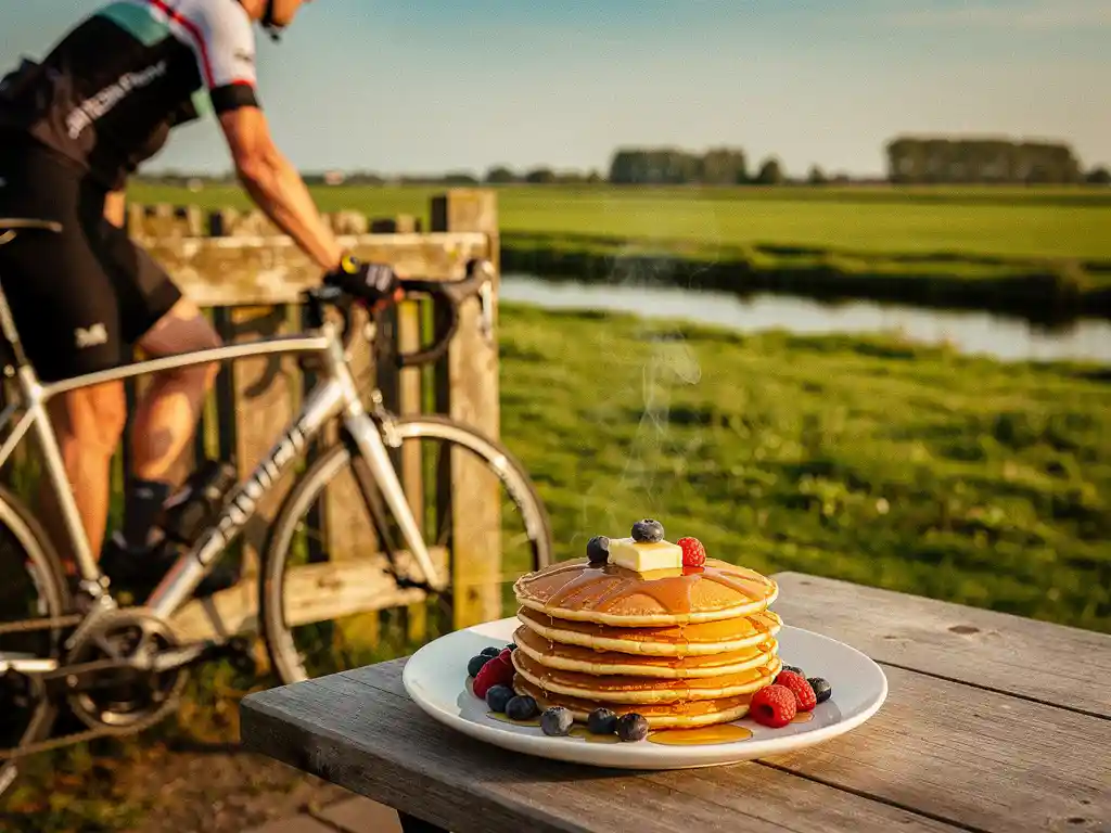 Fietser leunt fiets tegen rustieke houten hek, op de voorgrond een stapel Dutch pancakes met verse toppings op zonnig terras.