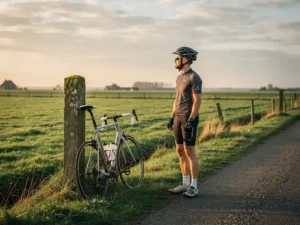Fietser rustend op smal polderpad, fiets tegen verweerde houten paal, groene weilanden en gouden middagzon tot aan de horizon.