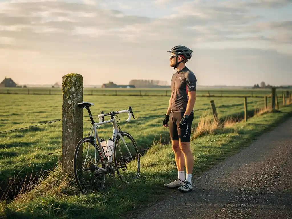 Fietser rustend op smal polderpad, fiets tegen verweerde houten paal, groene weilanden en gouden middagzon tot aan de horizon.