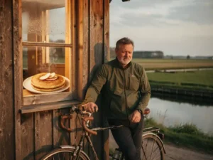 Vermoeide fietser leunt tegen rustieke houten schuur in polderland, met dampende appelpannenkoek zichtbaar door verlicht raam.