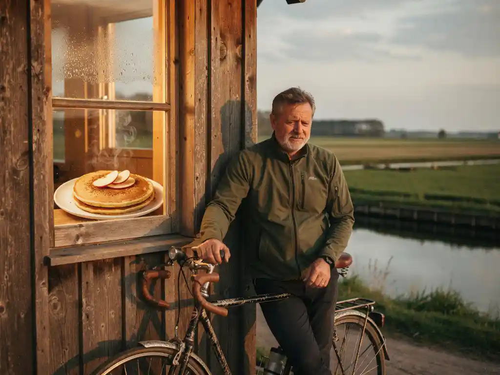 Vermoeide fietser leunt tegen rustieke houten schuur in polderland, met dampende appelpannenkoek zichtbaar door verlicht raam.