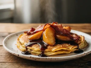 Goudbruine Dutch pancake met gekarameliseerde appelschijfjes, spekjes en stroop op een rustiek keramisch bord.