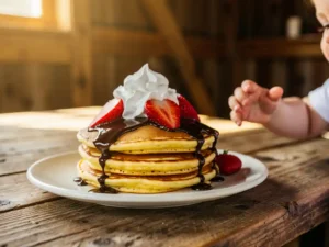 Stapel goudbruine pancakes met aardbeien, slagroom en chocoladesaus, terwijl een klein kinderhandje reikt naar het bord op een rustieke houten tafel.