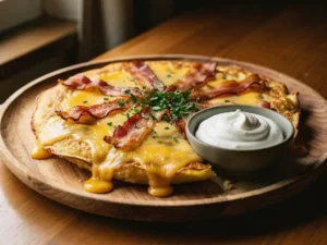 Hartige pannenkoek met gesmolten kaas, knapperig spek en verse kruiden op een rustiek houten bord met zure room.