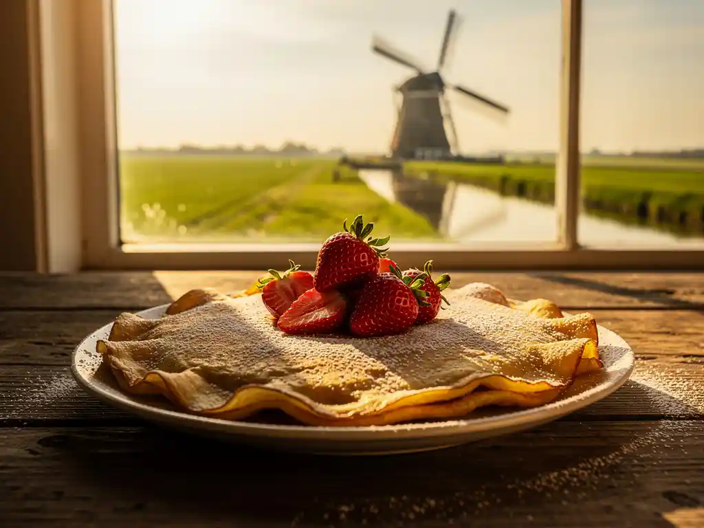 Gouden Dutch pancake met poedersuiker en aardbeien op rustieke houten tafel, met Nederlands polderlandschap en windmolen op achtergrond.