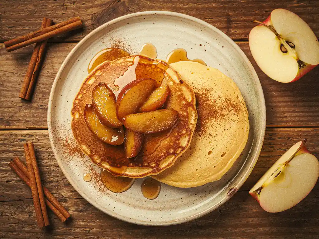 Hollandse pannenkoek met gekarameliseerde appelschijfjes en kaneel op een rustiek keramisch bord, warme siroop, bovenaanzicht.