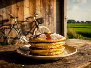 Stapel goudbruine Dutch pancakes met poedersuiker en siroop op rustieke houten tafel, fiets en polderlandschap op achtergrond.
