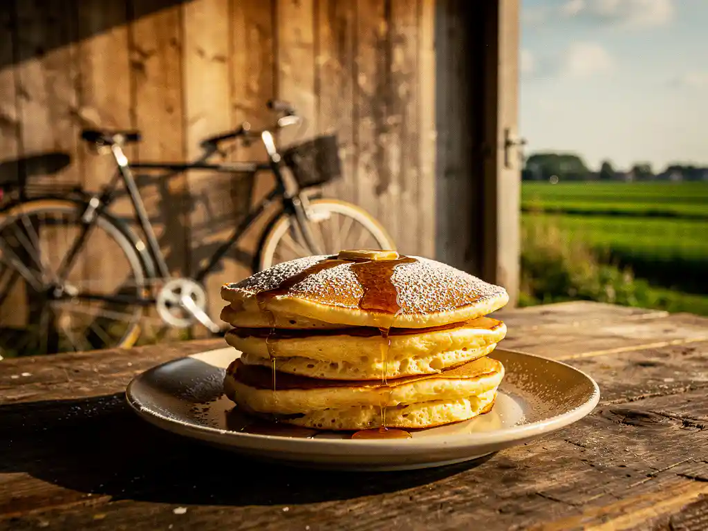 Stapel goudbruine Dutch pancakes met poedersuiker en siroop op rustieke houten tafel, fiets en polderlandschap op achtergrond.
