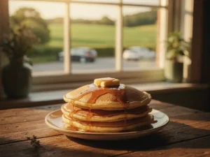 Stapel goudbruine Dutch pancakes op rustieke houten tafel bij zonnig raam met groen landschap op de achtergrond.