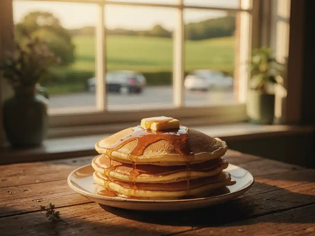 Stapel goudbruine Dutch pancakes op rustieke houten tafel bij zonnig raam met groen landschap op de achtergrond.