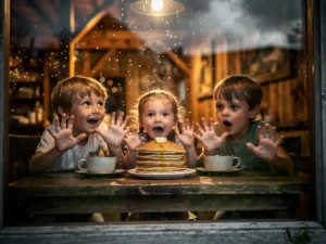 Kinderen drukken gezichten tegen een regennat raam van een rustiek restaurant, met gouden pannenkoeken zichtbaar op een houten tafel binnen.