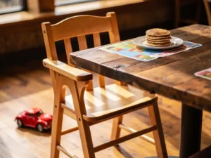 Houten kinderstoel naast rustieke restauranttafel met kleurrijke placemat, gouden pannenkoeken en rood speelgoedauto op warme houten vloer.