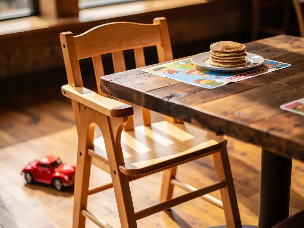 Houten kinderstoel naast rustieke restauranttafel met kleurrijke placemat, gouden pannenkoeken en rood speelgoedauto op warme houten vloer.