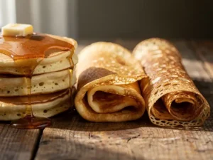 Drie pannenkoeksoorten op rustiek hout: dikke Amerikaanse pancake met siroop, gevouwen pannenkoek en opgerolde crêpe in warm goudbruin licht.