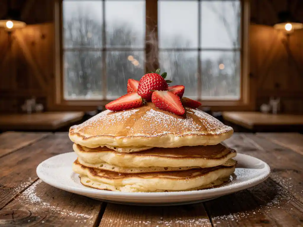 Stapel goudbruine pancakes met poedersuiker en verse aardbeien op rustieke houten tafel, regendruppels op raam op de achtergrond.