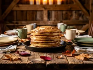 Rustieke houten tafel met gouden Dutch pancakes op gietijzeren bord, omringd door keramische mokken en herfstbladeren in een schuur met houten balken.