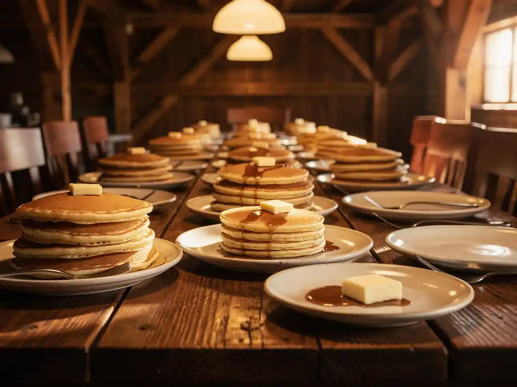 Rustieke houten tafel met stapels goudbruine pannenkoeken op keramische borden in een sfeervolle schuur met houten balken en hanglampen.