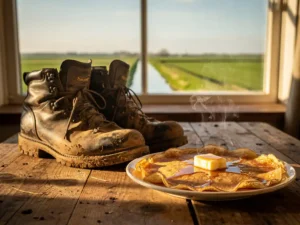 Modderige wandelschoenen naast een bord gouden Dutch pancakes op rustieke houten tafel, met polderweide zichtbaar door schuurvenster.