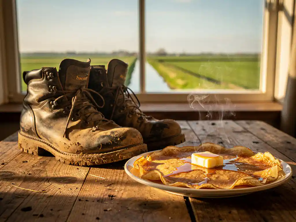 Modderige wandelschoenen naast een bord gouden Dutch pancakes op rustieke houten tafel, met polderweide zichtbaar door schuurvenster.