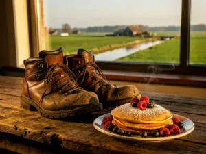 Modderige wandelschoenen naast een gouden pannenkoek met poedersuiker en bessen op een rustieke houten tafel, Nederlands polderlandschap op de achtergrond.