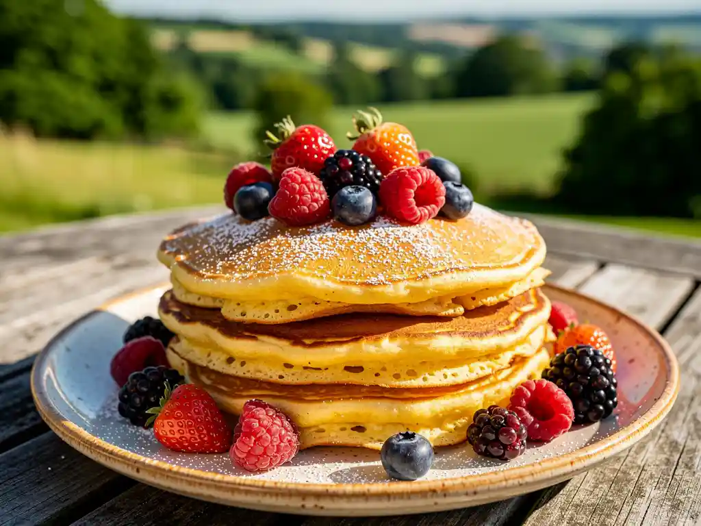 Stapel goudbruine Dutch pancakes met verse zomervruchten en poedersuiker op rustiek keramisch bord, geserveerd op zonnig terras.