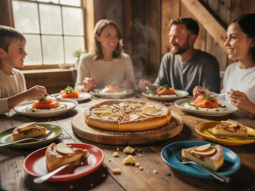 Gouden Dutch baby pannenkoek met appel en kaneel op houten plank, gezinsmaaltijd in rustiek restaurant met zachte achtergrondvervaging.