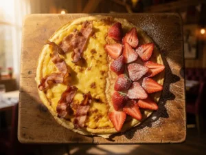Gouden Dutch pancake op rustiek houten plank, helft belegd met spek en kaas, andere helft met aardbeien en poedersuiker.