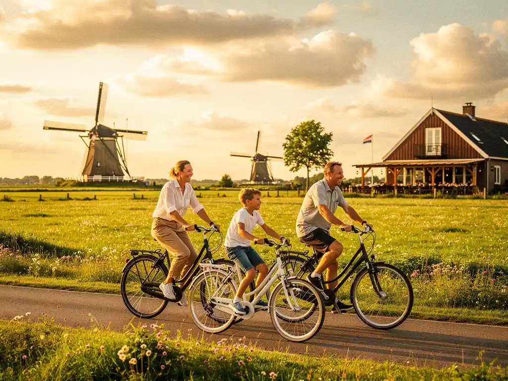 Gezin fietst op een polderpad bij Utrecht, omgeven door groene weilanden en windmolens in gouden middagzon.