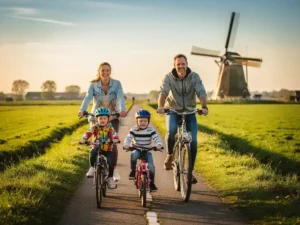 Gezin van vier fietst op zonnige polderdijk op Eiland van Schalkwijk, groene weilanden en windmolen op achtergrond.