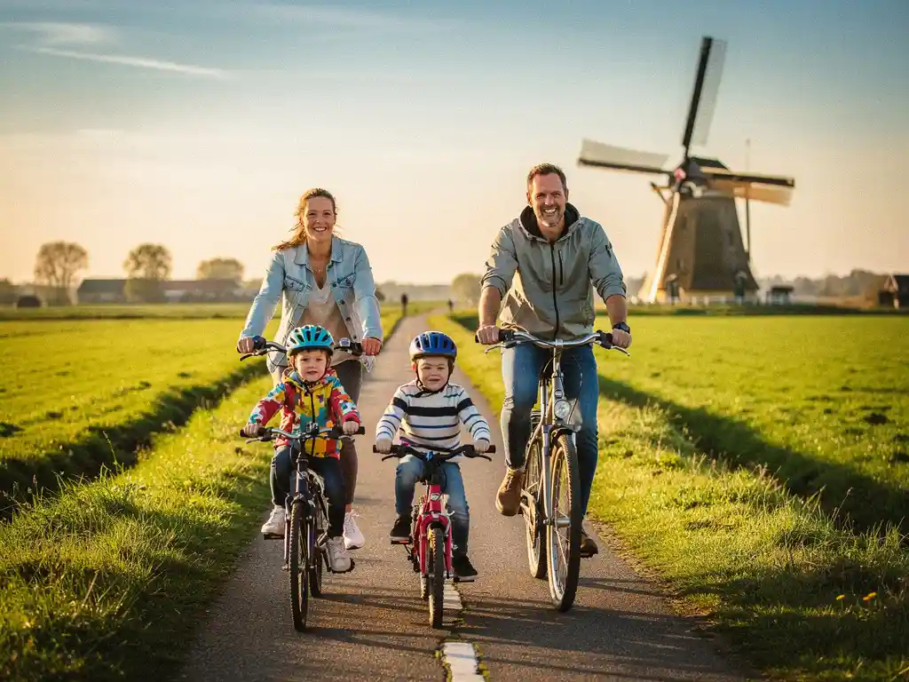 Gezin van vier fietst op zonnige polderdijk op Eiland van Schalkwijk, groene weilanden en windmolen op achtergrond.