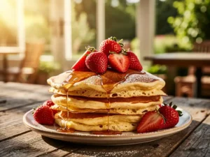 Stapel gouden Dutch pancakes met verse aardbeien en poedersuiker, warme siroop langs de zijkanten, rustieke houten tafel op zonnig terras.