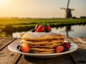 Stapel Nederlandse pannenkoeken met poedersuiker en vers fruit op een houten tafel, met een polderlandschap en windmolen op de achtergrond.