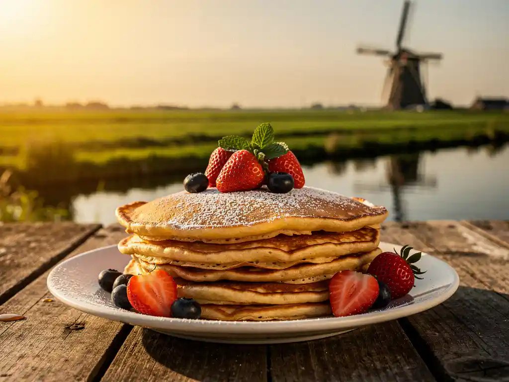 Stapel Nederlandse pannenkoeken met poedersuiker en vers fruit op een houten tafel, met een polderlandschap en windmolen op de achtergrond.