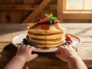 Stapel goudbruine pannenkoeken met fruit en siroop, terwijl kinderhanden reiken naar het bord in een rustiek houten interieur.