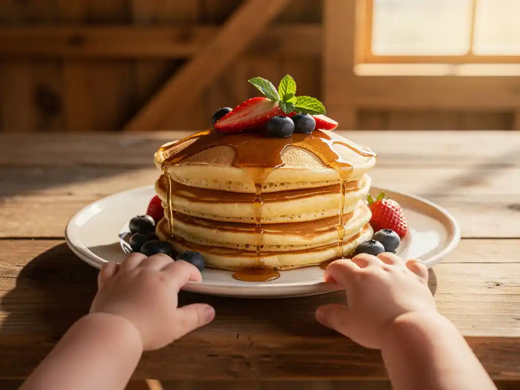 Stapel goudbruine pannenkoeken met fruit en siroop, terwijl kinderhanden reiken naar het bord in een rustiek houten interieur.