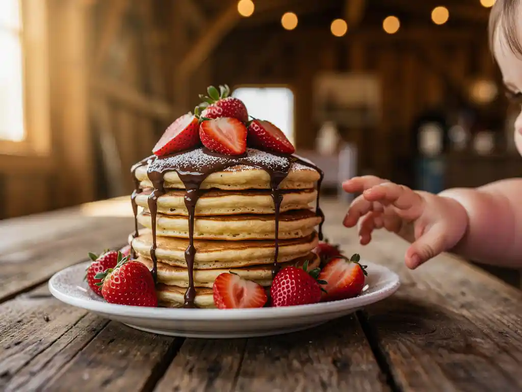 Stapel goudbruine pannenkoeken met verse aardbeien, chocoladesaus en poedersuiker, terwijl een kinderhands reikt naar het bord op een rustieke houten tafel.