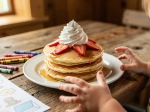 Stapel gouden pannenkoeken met aardbeien en slagroom, kleine kinderhanden reiken ernaar op een rustieke houten tafel in een gezellig restaurant.