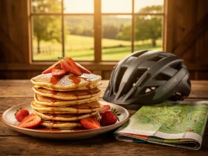 Stapel gouden Dutch pancakes met poedersuiker en aardbeien op rustieke houten tafel, naast fietshelm en wandelkaart.