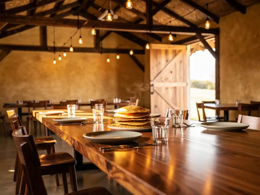 Rustiek restaurantinterieur met donkere houten balken, communale tafels en een stapel gouden Dutch pancakes bij warm Edison-bollicht.