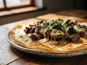Hartige pannenkoek met shoarma, gesmolten kaas en verse kruiden op een rustiek keramisch bord.