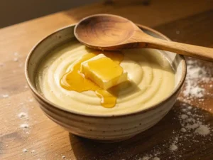 Gesmolten boter die smelt in romig pannenkoekbeslag in een rustieke keramische kom met een houten lepel op de rand.