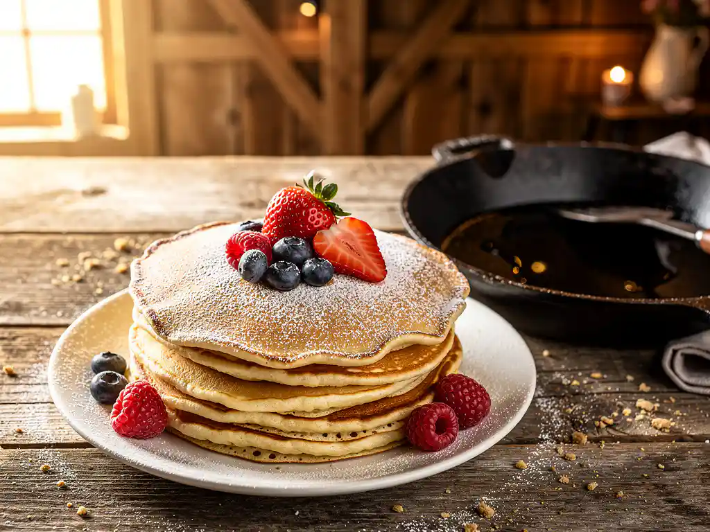 Stapel dikke Nederlandse pannenkoeken met poedersuiker en vers fruit in een gietijzeren koekenpan op rustieke houten tafel.
