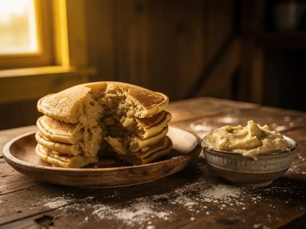 Stapel dikke, rubberachtige pannenkoeken op een rustiek houten bord, één opengescheurd met zichtbaar taai interieur, kommetje beslag op meelbestoven tafel.