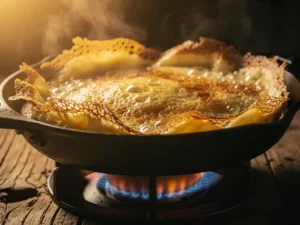 Goudbruin Dutch baby pannenkoek in gietijzeren pan boven gasvlam, knapperige kantjes, stoom, rustiek houten oppervlak.