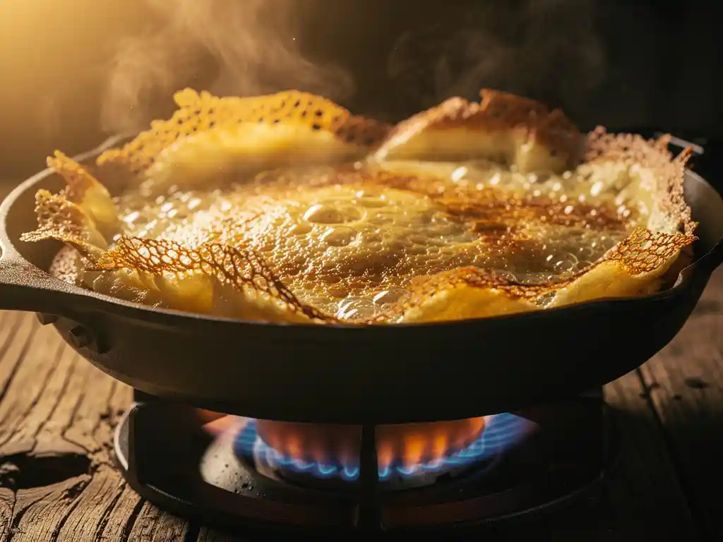 Goudbruin Dutch baby pannenkoek in gietijzeren pan boven gasvlam, knapperige kantjes, stoom, rustiek houten oppervlak.